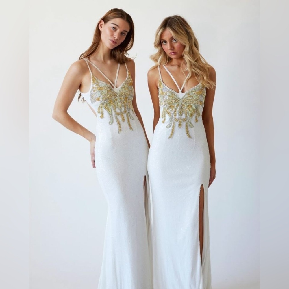 Dear Moon Sequin Butterfly Applique V-Neck Lace Up Back cutout gown
